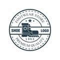 Shoe logo, footwear store premium quality, estd 1963 vintage round badge for footwear brand, shoemaker or shoes repair Royalty Free Stock Photo