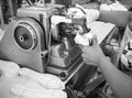 Shoe making process by sewing machine Royalty Free Stock Photo
