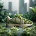 A shoe that minimizes its carbon footprint while incorporating greenery and promoting city-wide recycling to foster a better