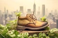 A shoe that minimizes its carbon footprint while incorporating greenery and promoting city-wide recycling to foster a better
