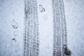 Shoe print and tyre track on a snow Royalty Free Stock Photo