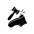 Shoe repair logo. Silhouette icon of shoemaker or cobbler. Black simple illustration of boot with nail and hammer. Flat isolated