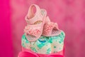 shoe sandal detail child Close Diaper cake, baby tea with diapers decorated table