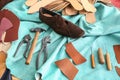 Shoe with set tools on leather in workshop Royalty Free Stock Photo