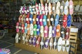 Shoe shop full of leather color shoes at market Tangier, Morocc Royalty Free Stock Photo