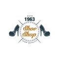 Shoe shop, high quality, estd 1963 badge for footwear brand, shoemaker or shoes repair vector Illustration Royalty Free Stock Photo