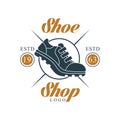 Shoe shop logo, estd 1963, vintage badge for company identity, footwear brand, shoemaker or shoes repair vector Royalty Free Stock Photo