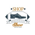 Shoe shop, premium quality, estd 1963 vintage badge for footwear brand, shoemaker or shoes repair vector Illustration Royalty Free Stock Photo