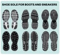 Shoe sole design pattern set vector for footwear, Sneaker, Boots, sandals, chukkas, slippers and flip flop. Shoe footprint