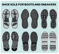 Shoe sole design pattern set vector for footwear, Sneaker, Boots, sandals, chukkas, slippers and flip flop. Shoe footprint