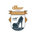 Shoe store, footwear, estd 1963 vintage badge for shoemaker, shoe shop and shoes repair vector Illustration Royalty Free Stock Photo