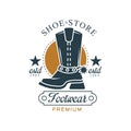 Shoe store, footwear premium, estd 1963, vintage badge for company identity, brand, shoemaker or shoes repair vector Royalty Free Stock Photo