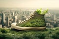 A shoe that strives to minimize its carbon impact, integrating vegetation and supporting city-wide recycling to create a healthier