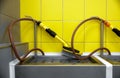 A shoe-washing brush. Washing for sports shoes in the locker room of the football team. Equipping the sports locker room Royalty Free Stock Photo