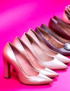 Shoe for women. Stylish classic women leather shoe. High heel women shoes on pink. background. Fashionable women shoes Royalty Free Stock Photo