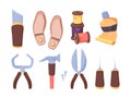 Shoe workshop tools set. Tube glue and sharp awl sharp scissors for cutting leather colored bobbins sewing blanks soles