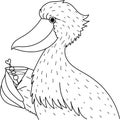 Cute Shoebill holding cocktail glass, design for coloring book, coloring page or print on things. Vector illustration