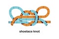 Shoelace knot with loops, intertwined lacing. Fastening string tying, sturdy bow. Entwined rope, symmetrical interlaced