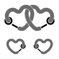 Shoelace linked hearts black white symbols