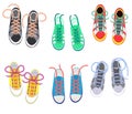 Shoelaces on snickers vector shoestring or shoe-laces and fashion accessory for footwear or footgear illustration set of Royalty Free Stock Photo