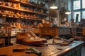 Shoemake or shoe repairman\'s work bench, A leather shoe maker workplace. The image is generated with the use of an AI.