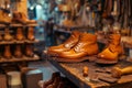 Shoemake or shoe repairman\'s work bench, A leather shoe maker workplace. The image is generated with the use of an AI.