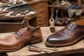 A shoemake or shoe repairman& x27;s work bench, . Generative AI Royalty Free Stock Photo