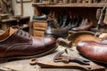 A shoemake or shoe repairman& x27;s work bench, . Generative AI Royalty Free Stock Photo