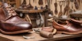 A shoemake or shoe repairman& x27;s work bench, . Generative AI Royalty Free Stock Photo