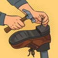 shoemaker cobbler hands at work pop art vector