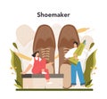 Shoemaker concept. Craftsman wearing an apron mending shoe