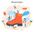 Shoemaker concept. Male and female character mending shoe.