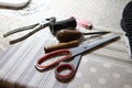 Shoemaker crafting tools set on a table Royalty Free Stock Photo