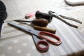 Shoemaker crafting tools set on a table Royalty Free Stock Photo