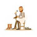 Shoemaker mending a shoe in workshop colorful character vector Illustration