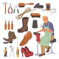 Shoemaker set, flat vector isolated illustration. Shoe repair tools, cobbler supplies and accessories. Royalty Free Stock Photo