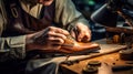 Shoemakers hands assembling fashionable mens leather shoes