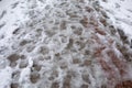 Shoeprints in melting snow - Athens, Greece, 15th of February 2021