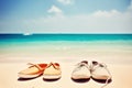 Shoes on the beach. Summer vacation background. Royalty Free Stock Photo