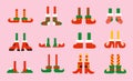 Shoes and boots for elves feet. Santa Claus helpers. Vector collection of cute cartoon Christmas holiday elf feet and Royalty Free Stock Photo