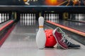 Shoes, bowling pin and ball for bowling game Royalty Free Stock Photo