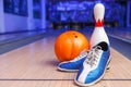 Shoes, bowling pin and ball Royalty Free Stock Photo