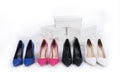 Shoes on boxes. women`s pointed heel stiletto shoes. Royalty Free Stock Photo