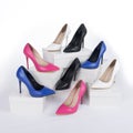 Shoes on boxes. women`s pointed heel stiletto shoes. Royalty Free Stock Photo