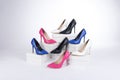 Shoes on boxes. women`s pointed heel stiletto shoes. Royalty Free Stock Photo