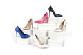 Shoes on boxes. women`s pointed heel stiletto shoes. Royalty Free Stock Photo