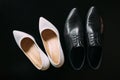 Shoes of the bride and groom. Royalty Free Stock Photo