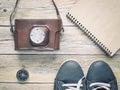 Shoes, compass,notebook and film camera