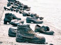 Shoes on the Danube bank is a memorial in Budapest, Hungary, blu Royalty Free Stock Photo