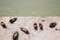 Shoes on the Danube bank memorial and Danube river in Budapest, Hungary Royalty Free Stock Photo